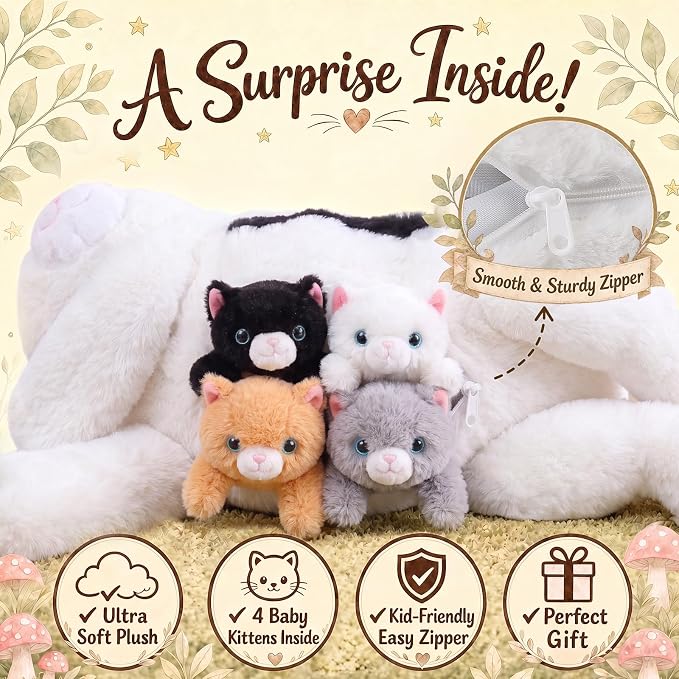 gnomantic Cat Stuffed Animals with Babies Inside, Mommy Toy for Kids | 5-Piece set: 1 mommy cat + 4 baby kittens inside. Unzip belly to reveal surprise babies. Ultra-soft, ages 3-8.