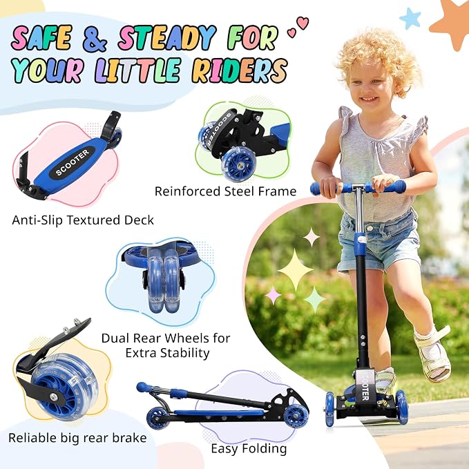 3 Wheel Kids Kick Scooter for Ages 3-12, Lean-to-Steer, Light-Up Wheels, 3-Level Adjustable Handlebar 27.5”-33”, Wide Non-Slip Deck, Dual Rear Brake,Travel Foldable, for Boys & Girls Toy Gifts
