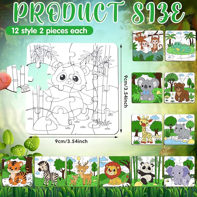 Realspring 24 Pack Wild Animal Color Your Own Jigsaw Puzzles for Kids 3-5, 4-6, 6-8, Coloring Crafts DIY Paper Puzzles Party Favors Gifts for Toddler Children Learning Education Toys