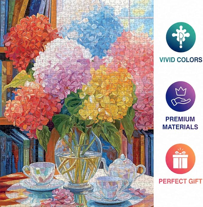 Cross & Glory – The Color of Calm – 1000 Piece Jigsaw Puzzle for Adults | Elegant Hydrangea Still Life Art Puzzle | Premium Quality 1000 Piece Puzzle for Adults