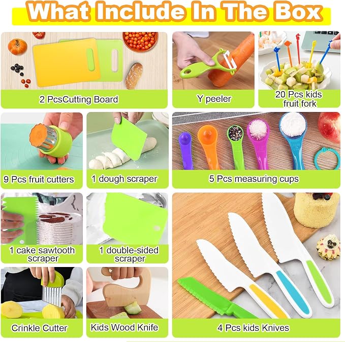 46 PCS Kids Knife Set, Toddler Knifes for Real Cooking, Montessori Kitchen Toys with Cutting Board Crinkle Cutters Kid Safe Knives, Birthday Xmas Gift for Girls Boys