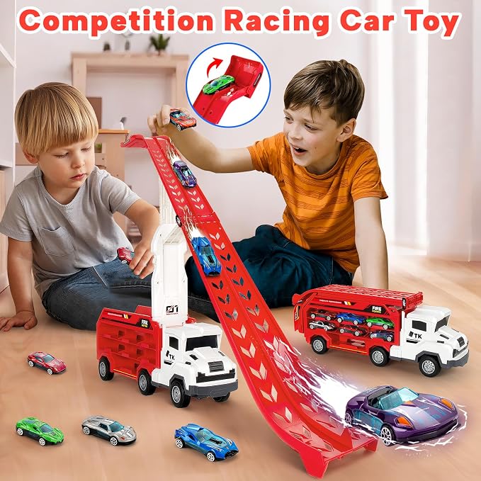 BainGesk Truck Car Toys for 3, 4, 5, 6 Years Old Boys Girls, 25 in Race Track Truck Toys, Foldable 2 Layer Carrier Transport Car with 6 Metal Cars, Birthday Toys Gifts for Toddler