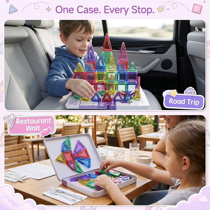 Magnetic Tiles for Kids Travel: 40pcs Portable Mini Building Toy - 30-Sec Iron Case Opens Into 10.6-Inch Play Board - STEM Gift for Toddlers Ages 3-6 - Airplane Road Trip Restaurant