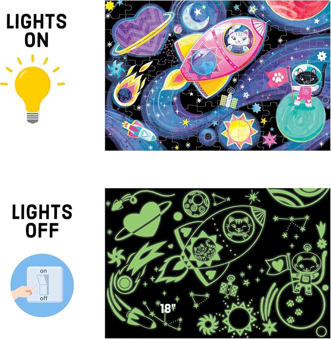 Mudpuppy Cosmic Dreams – 100 Piece Glow in The Dark Jigsaw Puzzle with an Outer Space Scene of Astronaut Cats and Hidden Planetary Details in The Dark