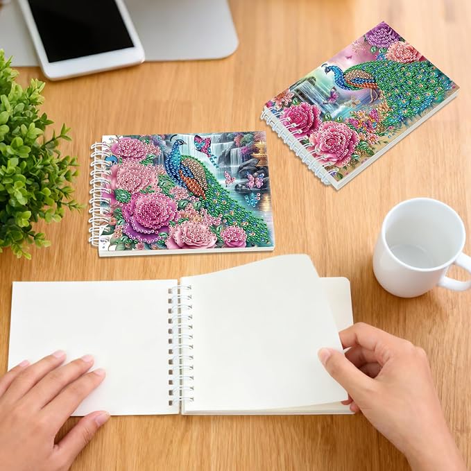 2 Pcs Peacock Diamond Painting Notebook 80 Pages for Adults,Diamond Art Journal and DIY Sketchbook, Diamonds Art Kit Supplies,Gift for Beginners, Craft Lovers, Artists. (Peacock)