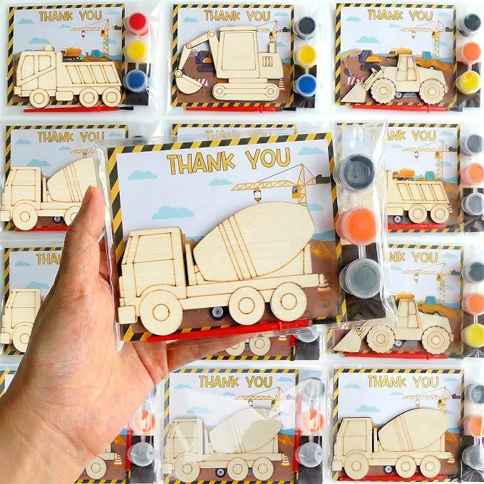 24 Set Construction Birthday Party Supplies, Trucks Parties Craft Construction Theme Birthday Paint Party Favors with Wooden Painting Crafts, Thank You Cards, Paints, Brushes and Bags Decorations