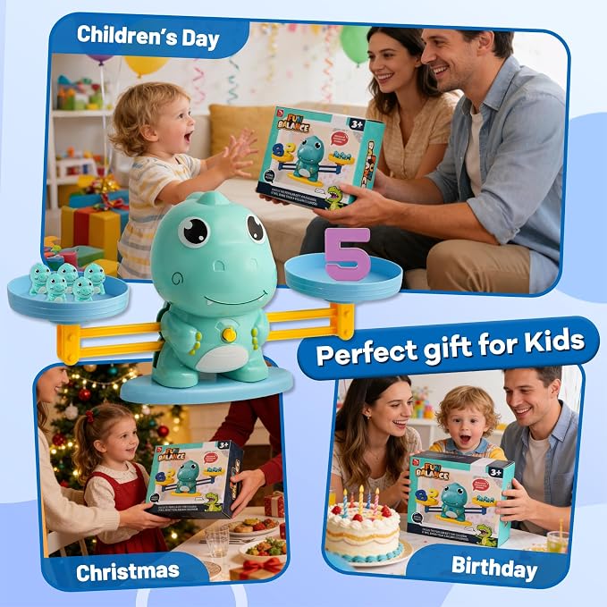 Dinosaur Math Balance Toy for Kids Ages 3-7, Montessori Number Blocks Learning & Educational Dinosaur Toys for Kids 3-5 and Math Games for Kids 5-7,Ideal Gift for Kids (Basic Blue)