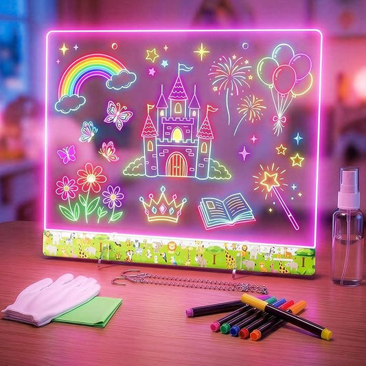 16" LumiBoard LED Drawing Board for Kids - 7 Colors & 10 Modes Rechargeable Acrylic LED Note Board with 7 Markers Cleaning Kit, Sketching & Birthday Gifts for Kids/Girls/Teens（Animals）