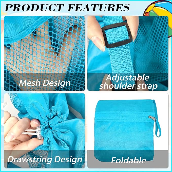 INVODA Mesh Beach Bag Drawstring Beach Backpack Foldable Toy Organizer Bag Shell Adjustable Straps Large Capacity Swim Bag