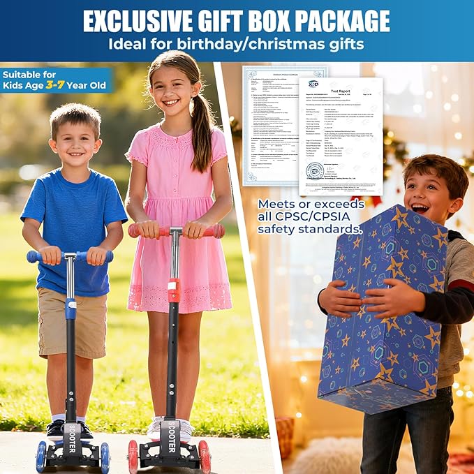 3 Wheel Scooter for Kids Ages 3-12, LED Light-Up Kids Kick Scooter–Portable Foldable, Adjustable Height, Durable Metal Construction, 6" Extra Wide Deck for Outdoor Activities,Child Safety Certified
