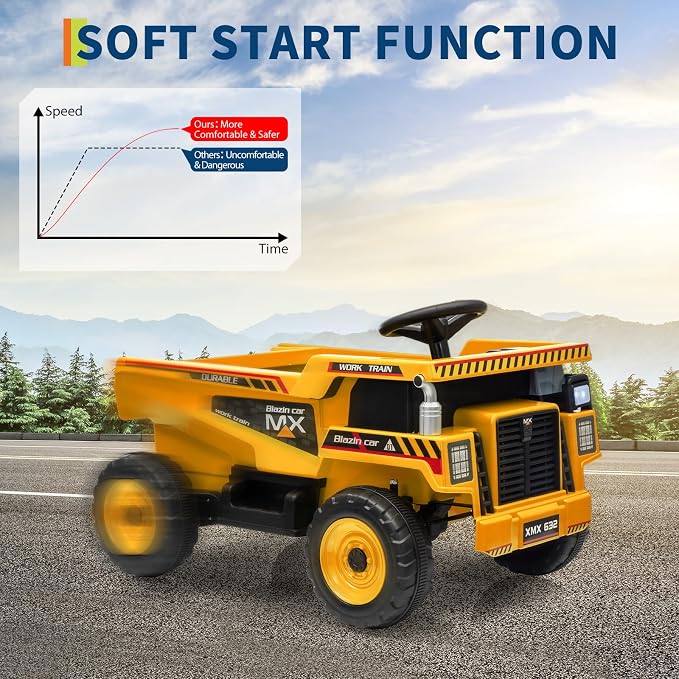 Garvee 12V Ride On Dump Truck for Kids, Ride On Car with Remote Control, Construction Vehicles with Dump Bed & Shovel, Ride-On Toys 16.5 in Spacious Seat, Music, Headlights, Soft Start, Yellow
