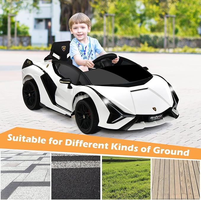 INFANS 12V Licensed Lamborghini Sian Kids Ride On Car with Parent Remote Control, Spring Suspension, MP3 Player, Electric Toy Roadster Carbon Fiber Textured for Toddler (White)