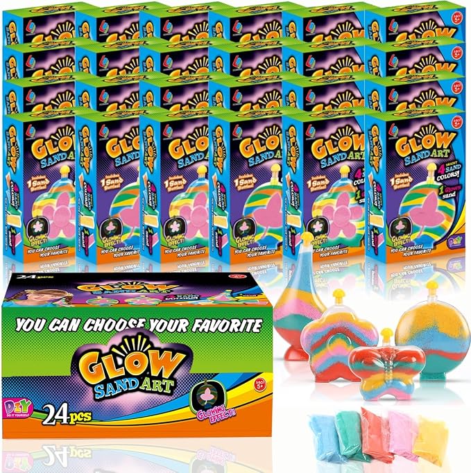 Create Your Own Magic Sand Art Glitter Activity | Glow in the Dark Colored Custom Sand Kits for Kids - Includes 12 Bottles, Funnels, Sticks, 60 Bags of Colorful Sand | DIY Arts and Crafts (24 Pack)