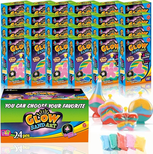 Create Your Own Magic Sand Art Glitter Activity | Glow in the Dark Colored Custom Sand Kits for Kids - Includes 12 Bottles, Funnels, Sticks, 60 Bags of Colorful Sand | DIY Arts and Crafts (24 Pack)