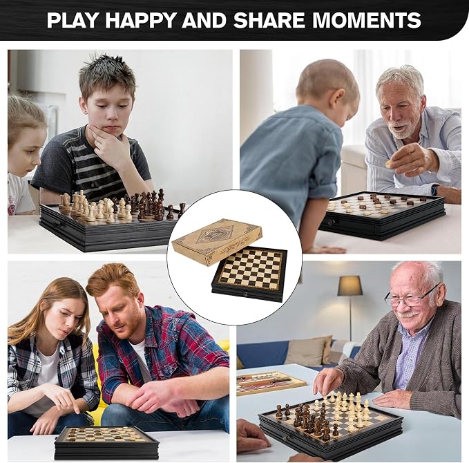Peradix Magnetic Chess and Checkers Set with 2 Built-in Storage Drawers, Classic 2 in 1 Wooden Board Games, Magnetic Chess Pieces 2 Extra Queens, 12.8" Chess Set for Adults and Kids Gift Package