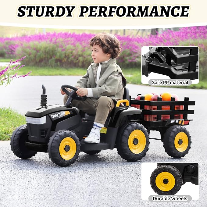 TOBBI Kids Electric Ride On Toy Tractor, Toddlers 12V Battery-Powered Car to Drive, 35W Dual Motor 6-Wheels Trailer Vehicle with 3-Speeds/LED & Horn Functions for Chirdren Aged 3-8-Black
