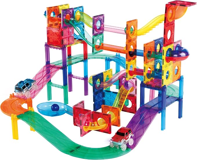 PicassoTiles 108PC Marble Run + 30PC Magnetic Race Car Track Fun & Creative Playset: STEAM Learning, Enhance Construction Skills, Hand-Eye Coordination and Fine Motor Skills, Gift for Boys and Girls