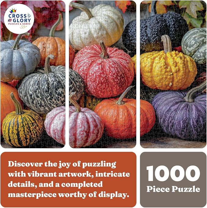 Cross & Glory - Harvest for The Table - 1000 Piece Jigsaw Puzzle for Adults | Colorful Pumpkins, Gourds & Autumn Leaves | Premium Quality Adult Puzzle