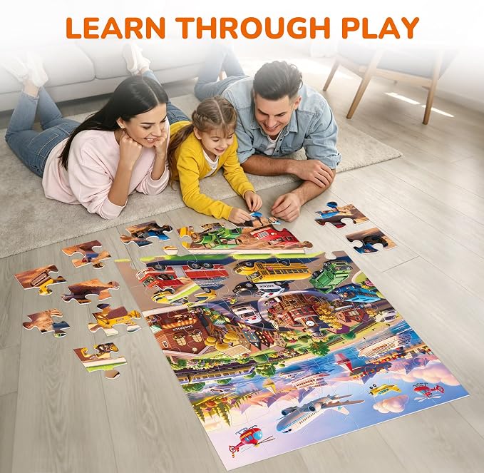 BenBen Floor Puzzles for Kids Ages 4–6, 48 Piece 2 x 3 Feet Transportation Jigsaw Puzzle, Large Vehicle-Themed Floor Puzzle with Big Pieces, Educational Toy Gift for Boys & Girls