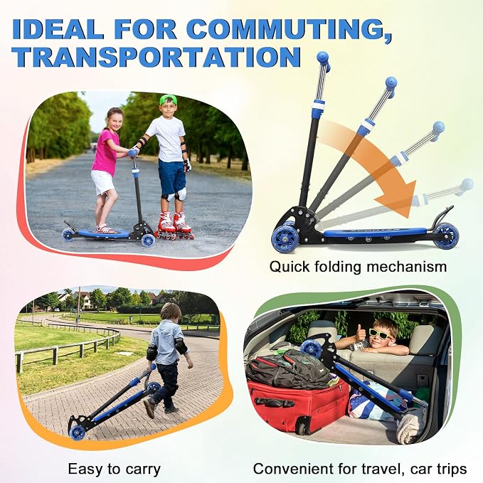 Scooter for Kids 3-5 5-7,Light up 3 Wheels Kick Scooter,Heavy Duty Folding Lean-to-Steer Scooters with 3 Adjustable Handlebar for Boys Girls,Widen Anti-Slip Deck,Rear Break,Holds up to 150Lbs