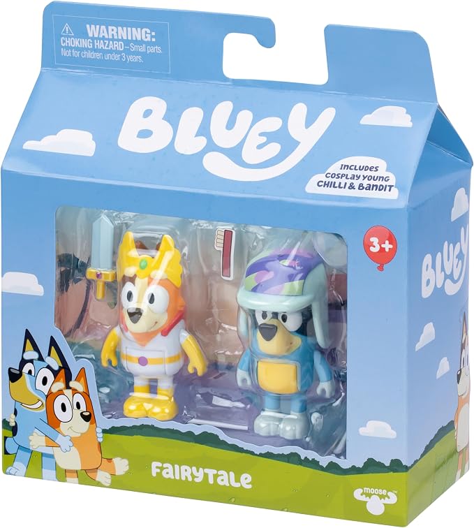Bluey Fairytale Action Figure Set of 2, Articulated Character Toys with Superhero Chilli and Retro Hat Bandit, Small Action Figures for Kids Ages 3+