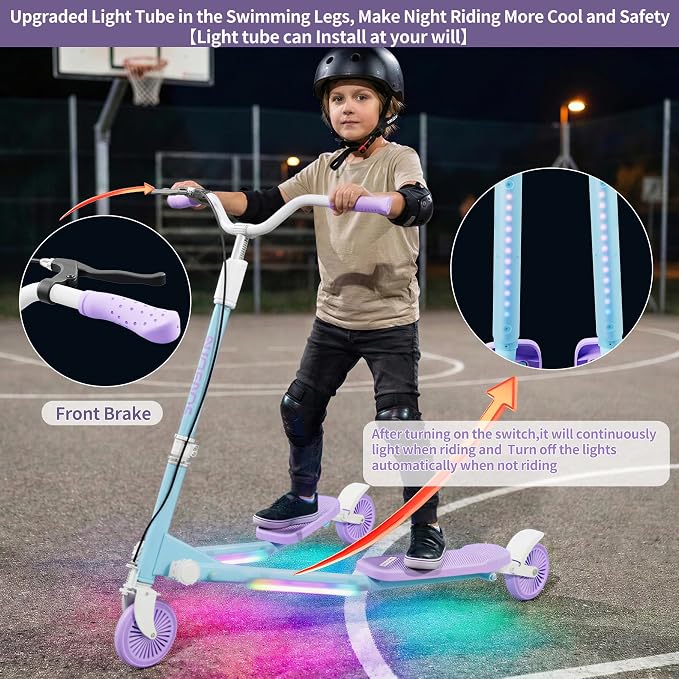 PHOEROS Upgraded Swing Wiggle Scooter,3 Wheels Drifiting Kick Scooter for Kids Ages 6-12,Teens&Adults,Youth Drifting Scooter with LED Light/4 Height Adjustable/Foldable Best Gift for Kids