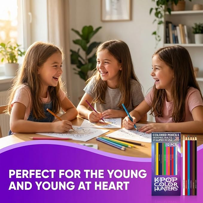 KPop Color Hunters Colored Pencil Set - 12 KPop Demon Hunters Merch Pencils with Clever Foil-Stamped Names, Soft Core Pencils for Coloring Books, Drawing, Ideal Gift for KPop Demon Hunters Fans