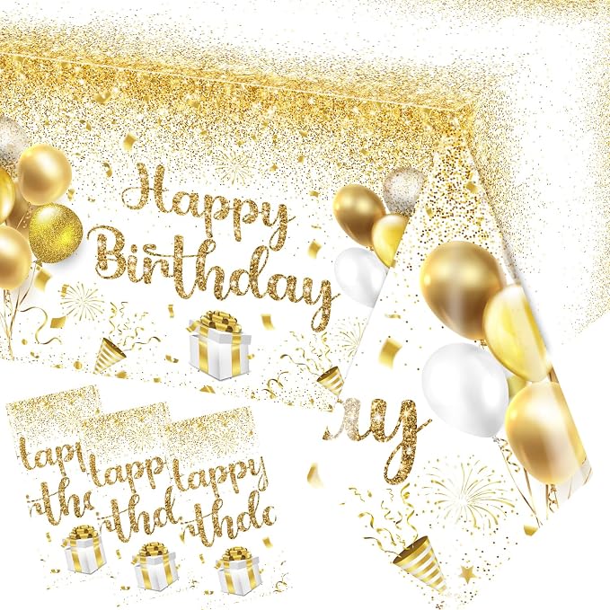 Happy Birthday Tablecloths - Gold & White Party Decorations, 3pcs Disposable Table Covers for Indoor/Outdoor Birthdays