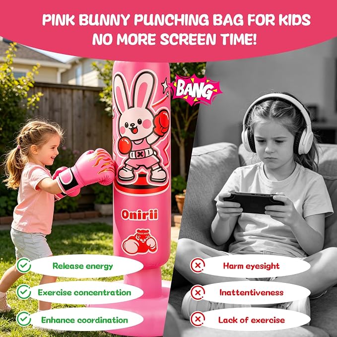 Onirii Kids Inflatable Punching Bag | Large Stable Kids Inflatable Boxing Bag Toy Set with Gloves for Boys & Girls Age 3-12 for Taekwondo,MMA and Practicing Karate