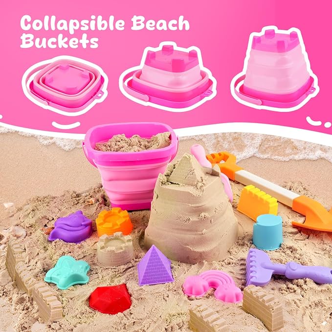 AuntyFey Collapsible Beach Toys for Kids Ages 4-8, Sand Toys for Toddlers Ages 3-4-8, Beach Toy Set with Collapsible Beach Buckets, Sandbox Toy for Kids