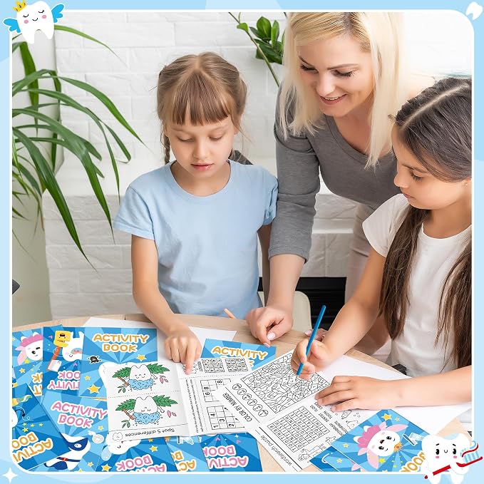 Tooth Activity Books for Kids - 24Pcs Cute Tooth Fairy Mini Games Coloring Book Set Bulk Cartoon Novelty Teeth Themed Mazes Word Search Word Scramble Games for Classroom DIY Art Gifts Party Favors