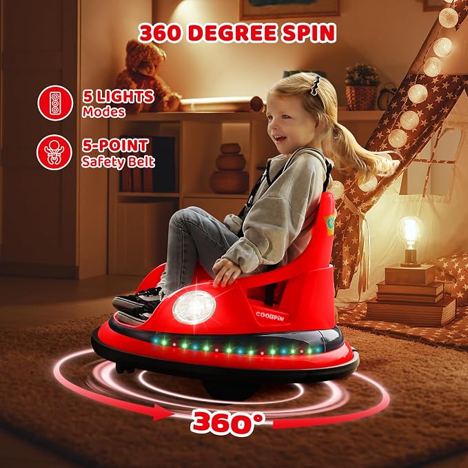 ELEMARA Kids Bumper Car, 1.9mph Max, 12V Electric Car for Toddlers, 360°Spin Bumping Car with Music, 5 Lighting Mode, DIY Stickers, Ride on Car with Remote Control, 2-Speed, 2 Driving Mode, Red