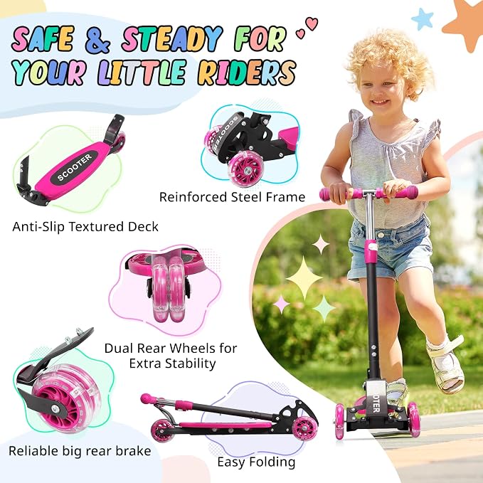 3 Wheel Kids Kick Scooter for Ages 3-12, Lean-to-Steer, Light-Up Wheels, 3-Level Adjustable Handlebar 27.5”-33”, Wide Non-Slip Deck, Dual Rear Brake,Travel Foldable, for Boys & Girls Toy Gifts