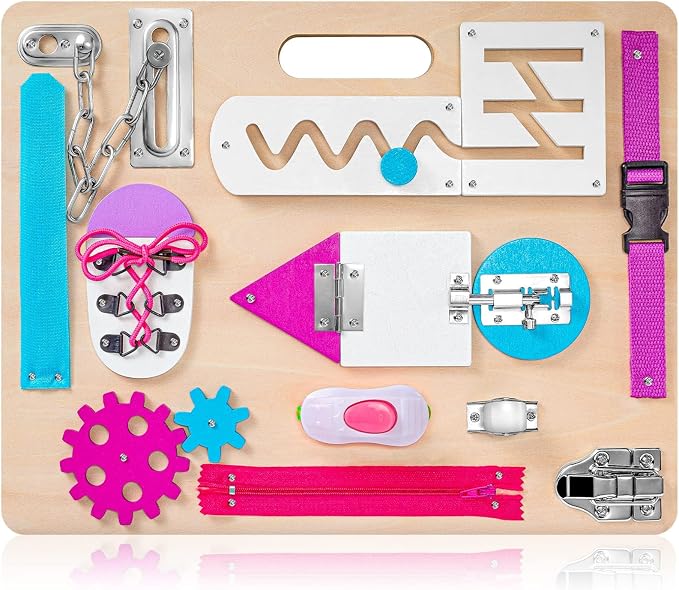 Montessori Busy Board for Toddlers, Wooden Sensory Toys, Kids 1-3 Travel Toy, Preschool Learning Activities for Fine Motor Skills, Basic Life Skills Educational Gifts for 1 2 3 Years Old Girls (Pink)
