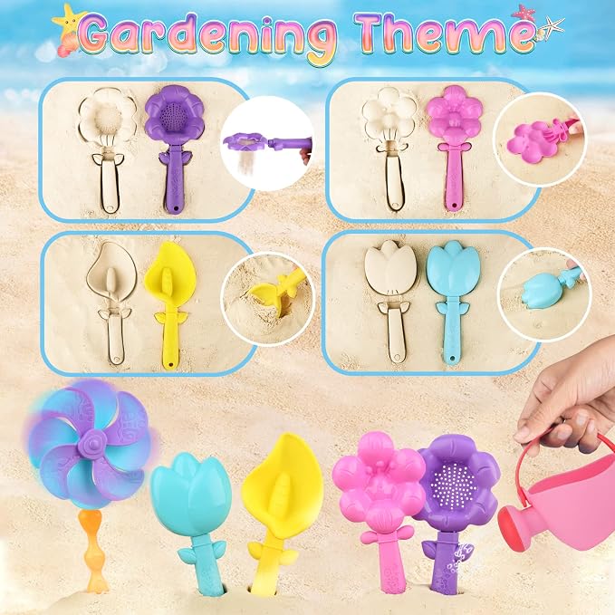 Dreamon Collapsible Beach Toys Set for Kids 3-10, Collapsible Sand Bucket Shovels Set with Mesh Bag and Beach Molds, Ice Cream Sand Toys for Beach, Sandbox Travel Toys for Kids Toddlers Girls