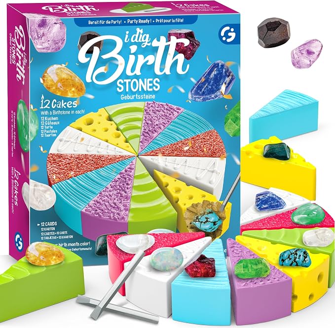 Gem Dig Kit, Dig Up 12 Birthstones, Gemstone Dig Kit for Kids, Birthday Cake Excavation Toy, Educational Gem Mining Kit, Party Favors for Boys & Girls Ages 6+