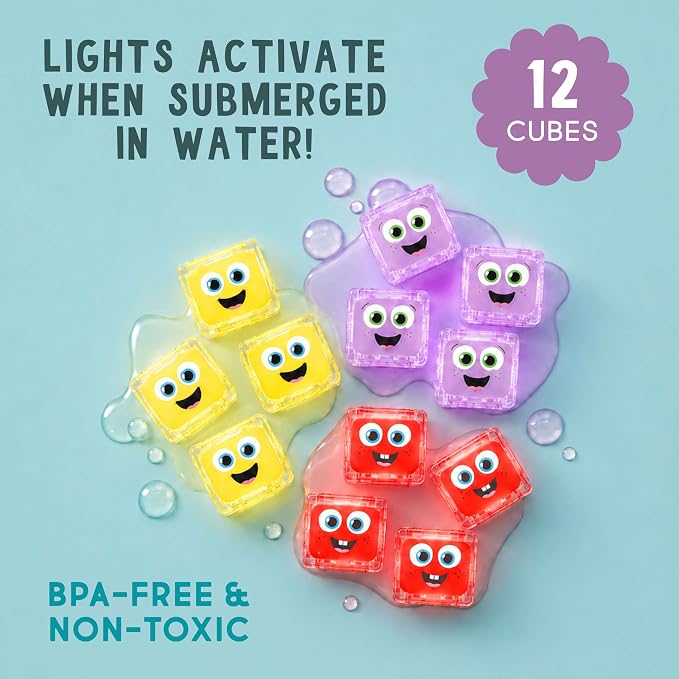 Glo Pals Water-Activated Light-Up Sensory Bath Toy Cubes for Bathtime and Sensory Play, Vibrant Light-Up Colored Cubes for Kids and Toddlers, Glows Purple, Yellow, and Red, Pack of 12