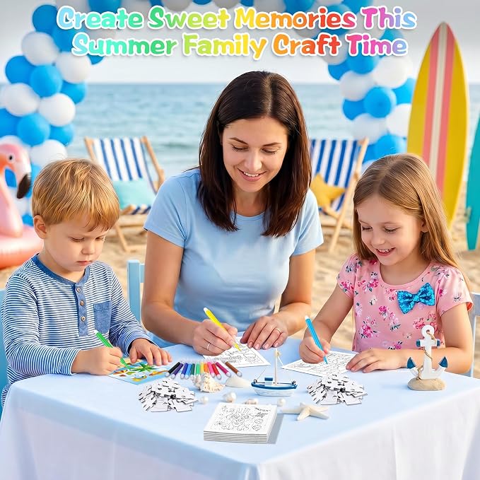 Fennoral 24 Pack Summer Craft Kit for Kids Bulk Make You Own Summer Jigsaw Puzzle with Base Design DIY Coloring Art and Craft for Classroom Activity Luau Party Supplies Birthday Gifts,4.7inch