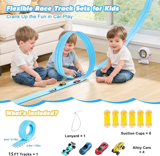 Flexible Race Track for Kids - 15 Ft Flex Track Race Car Tracks with Car Ramp Toy, Fit for Monster Truck Track & Kids' Play Cars, Race Tracks for Toddlers 3+, Gifts for Boys Girls (Light Blue)