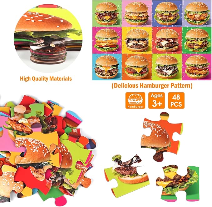 IFLOVE Hamburger Floor Puzzle for Kids — 48 Piece Jumbo Burger Jigsaw Puzzle, Food-Themed Puzzle with Colorful Hamburgers, Educational Toy Birthday for Boys Girls Ages 3-8