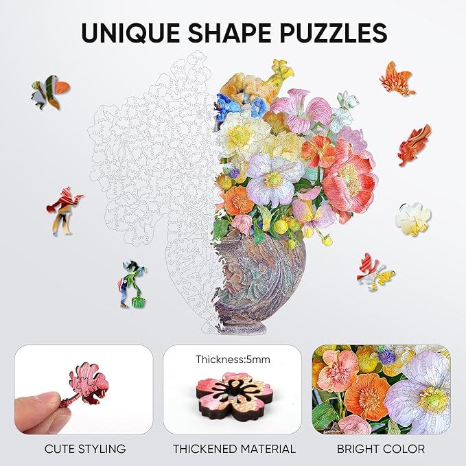 Delobil Flower Wooden Puzzles for Adults, 500 Pieces Vase Jigsaw Puzzles, Unique Shaped Wood Puzzle Birthday Gift for Mom Adults and Kids, Family Game 17.5'' x 17''