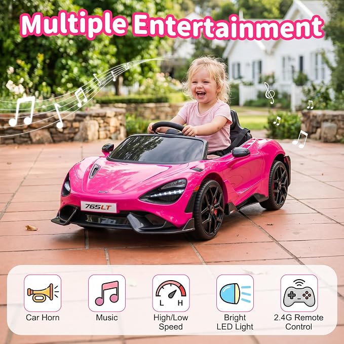 Kids Ride-on Car Licensed McLaren765LT for 3-6Years Old, Electric car 12V Battery Powered Electric Vehicle, w/Parent Remote, Music Player, LED Lights, Smooth Start, 3 Speeds, Pink
