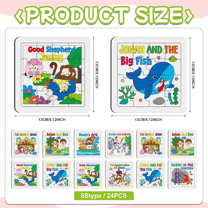 Cinrobiye 24 PCS Religious Sunday School Crafts Bible Stories Jigsaw Puzzles Bulk DIY Religious Puzzle Kits with Colored Pens Gifts for Church VBS Sunday School Art Activities Christian Party Favors