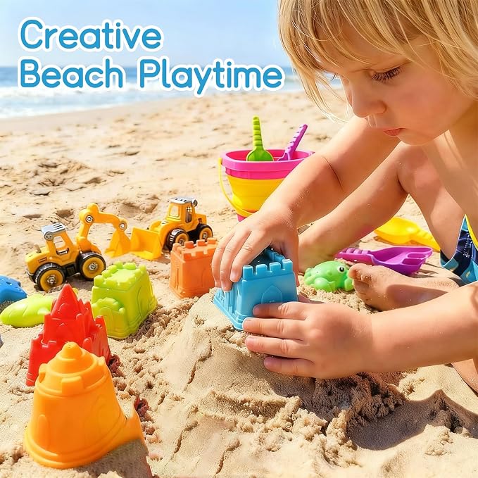 Beach Toys for Kids Ages 4-8: Construction Sand Toys Set with Collapsible Beach Bucket, Castle Molds & Trucks, Durable Beach Sand Play Kit for Boys & Girls