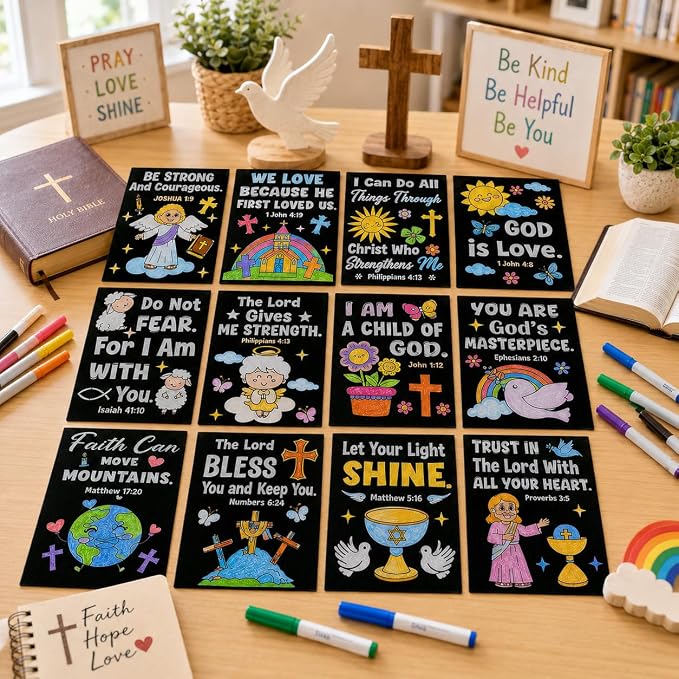 Cinrobiye 48 Pcs Velvet Coloring Posters Bible Fuzzy Posters to Color Bulk Felt Religious Inspirational Coloring Page Craft for Christian Party Favors Gift Prizes Sunday School Church Activities