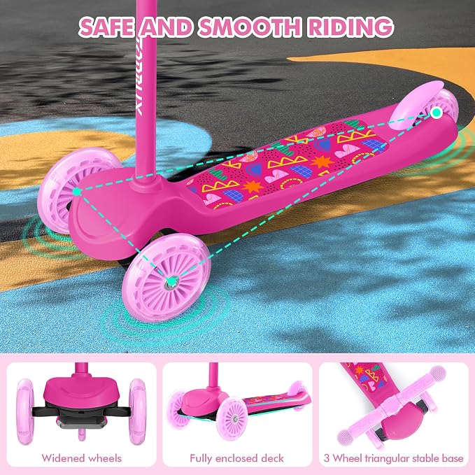 TONBUX Kids Scooter for Ages 3-5, Toddler Scooter with Light-Up Deck and Wheels, Adjustable 4-Level Height 3-Wheel Scooters for Kids, Lean-to-Steer Design