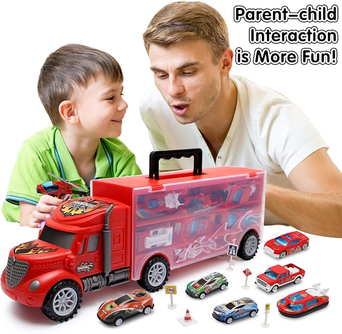 Toddler Toys for 3-4 Year Old Boys,Large Transport Cars Carrier Set Truck Toys with 12-in-1 Vehicles Truck Toys Cars,Ideal Christmas Easter Gifts Toys for Kids Age 3-7,Red