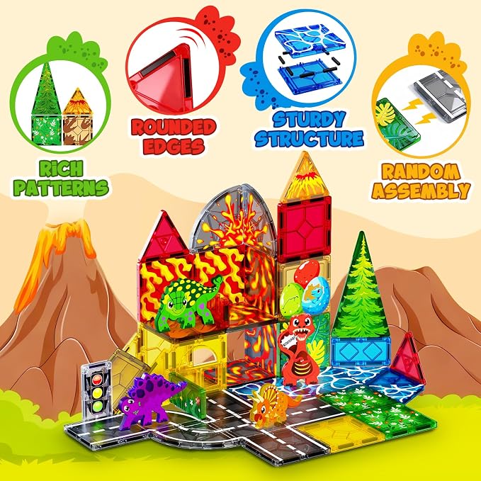 Dinosaur Toys Magnetic Tiles for Kids 3-5, Lava Dinosaur World Set Magnet Tiles for Kids Ages 4-8 5-7, Toddler Magnets Building Toys STEM Learning Sensory Birthday Gifts for 3+ Years Old Boys Girls