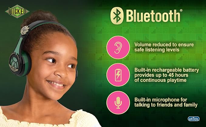 Wicked Elphaba Bluetooth Headphones for Kids, Wireless Headphones for School, Home, or Travel (Wicked Elphaba)