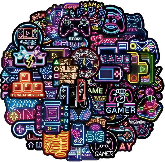 QTL Neon Video Game Stickers for Boys Teens, Game Party Supplies, Waterproof Vinyl Stickers for Water Bottle Laptop, 50 Pcs